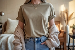 Woman wearing olive green t shirt and blue jeans image Product Image 1