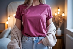 Woman wearing pink t shirt and jeans image Product Image 1