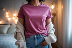 Woman wearing pink shirt and jeans sweater Product Image 1
