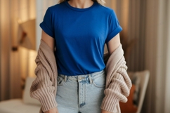Blue shirt light jeans knit cardigan image Product Image 1
