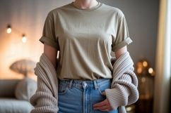 Khaki tee blue jeans neutral cardigan image Product Image 1