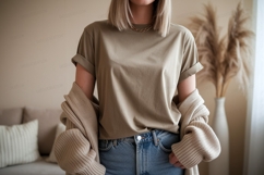 Casual beige shirt blue jeans cardigan image Product Image 1