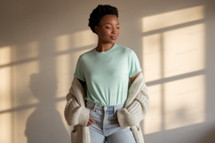 Woman wearing mint t shirt and cardigan image Product Image 1