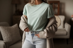 Woman wearing mint t shirt and cardigan image Product Image 1