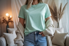 Mint green t shirt light blue jeans cream cardigan Product Image 1