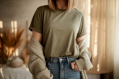 Olive green t shirt and denim jeans mockup image Product Image 1