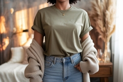 Olive green t shirt and denim jeans mockup image Product Image 1
