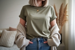 Olive green t shirt and denim jeans mockup image Product Image 1
