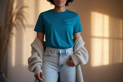 Teal shirt light jeans cardigan image Product Image 1
