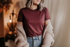 Maroon shirt beige cardigan jeans Product Image 1