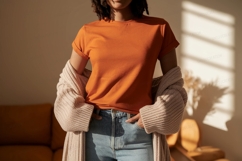 Orange shirt light cardigan denim jeans Product Image 1