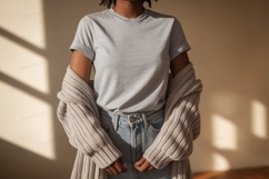 Person wearing grey t shirt and cardigan image Product Image 1