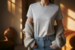 Grey t shirt and cardigan mockup denim Product Image 1