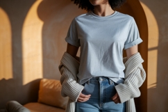 Woman wearing light blue t shirt and jeans t-shirt Product Image 1