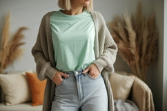 Woman wearing mint t shirt and cardigan image Product Image 1