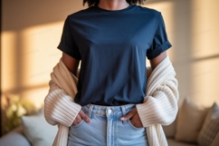 Dark blue shirt light jeans cream cardigan mockup clothing Product Image 1