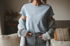 Woman wearing blue t shirt and cardigan image Product Image 1