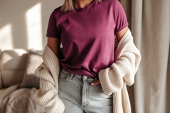 Woman wearing plum t shirt and cream cardigan image Product Image 1