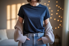 Woman wearing dark blue t shirt and light blue jeans Product Image 1