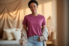 Woman wearing pink shirt and jeans cardigan Product Image 1