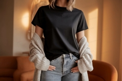 Woman wearing black t shirt and denim jeans image Product Image 1