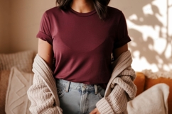 Maroon t shirt light jeans knit cardigan image Product Image 1