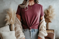 Maroon tee tied knot cream cardigan image Product Image 1