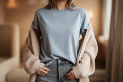 Light blue t shirt and beige cardigan image Product Image 1