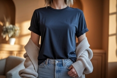 Navy blue t shirt and beige cardigan mockup image Product Image 1