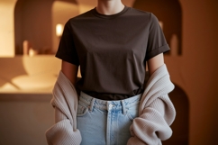 Dark brown t shirt light blue jeans beige cardigan Product Image 1