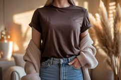 Brown shirt blue jeans beige cardigan image Product Image 1