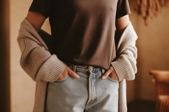 Brown shirt light jeans cozy cardigan image Product Image 1
