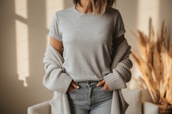 Woman wearing grey t shirt and cardigan mockup Product Image 1