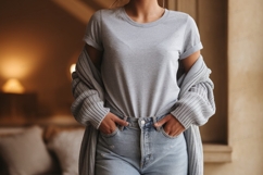 Gray shirt denim jeans cardigan image Product Image 1