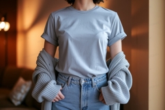 Woman wearing light blue t shirt and denim jeans t-shirt Product Image 1