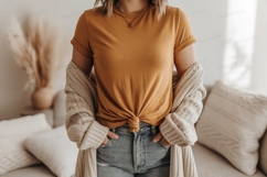 Mustard tee tied knot denim mockup clothing Product Image 1