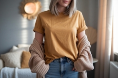 Mustard shirt denim jeans cardigan woman Product Image 1
