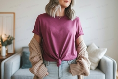 Woman wearing magenta t shirt and beige cardigan image Product Image 1