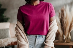 Woman wearing magenta t shirt and cardigan image Product Image 1