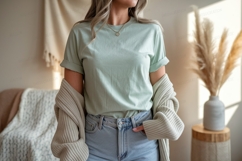 Woman wearing pastel green t shirt and denim jeans Product Image 1