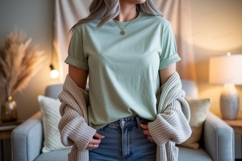 Woman wearing light green t shirt and cardigan image Product Image 1