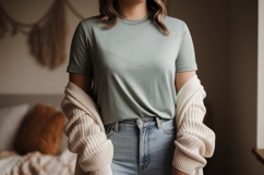 Woman wearing light green t shirt and blue jeans image Product Image 1