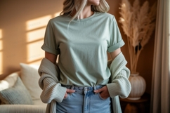 Woman wearing green t shirt and blue jeans image Product Image 1