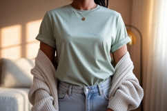 Mint green t shirt light blue jeans sweater mockup Product Image 1