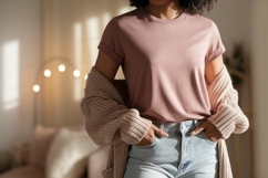 Woman wearing pink t shirt and cardigan image Product Image 1