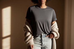 Dark grey t shirt light blue jeans cream cardigan woman Product Image 1