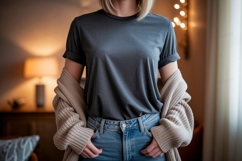 Dark gray t shirt blue jeans beige cardigan casual Product Image 1