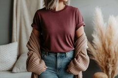 Maroon t shirt denim jeans cardigan image Product Image 1