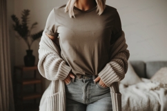 Woman wearing t shirt and cardigan jeans Product Image 1