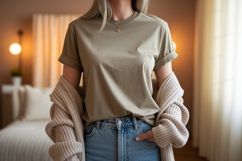 Woman wearing olive t shirt and jeans image Product Image 1